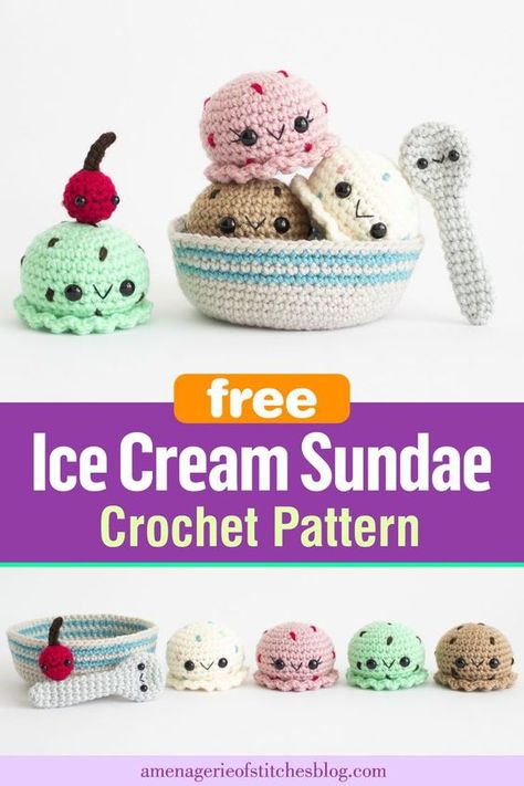 Crochet Amigurumi Ice Cream, Crochet Ice Cream Sundae, Crochet Ice Cream Pattern Free, Ice Cream Amigurumi Free Pattern, Crochet Food Set, Crochet Pancakes Free Pattern, Crochet Cupcakes Free Pattern, Crochet Ice Cream Cone Pattern Free, Ice Cream Crochet Pattern Free