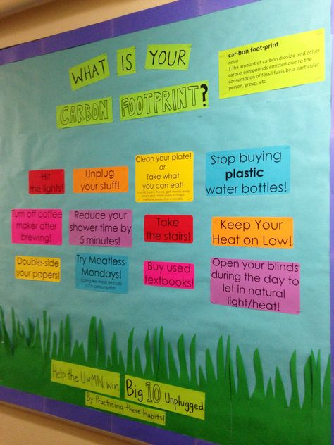 Environmental bulletin board. Ways to reduce your carbon footprint. Environmental Science Bulletin Board, Environmental Bulletin Boards, Environmental Club, Science Bulletin Boards, Ap Environmental Science, Reduce Your Carbon Footprint, Green School, Science Party, Ra Ideas