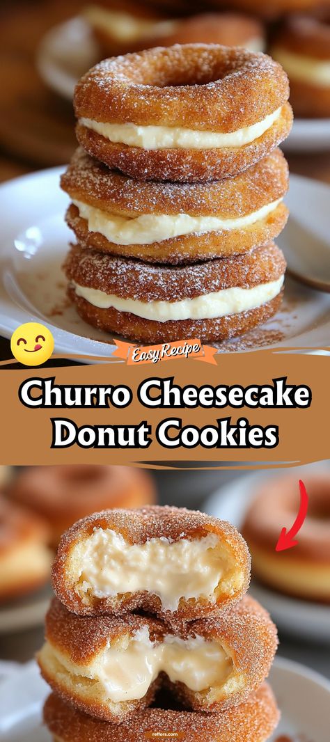 Imagine the sweet magic of churros, cheesecake, and donuts all rolled into one spectacular cookie. These Churro Cheesecake Donut Cookies are a creative dessert sure to wow at any gathering. #ChurroCookies #CheesecakeDonut #UniqueDessert Donut Dessert Ideas, Churro Cheesecake Donut Cookies, Churros Cheesecake, Cheesecake Donut, Cookies With Cinnamon, Donut Cookies, Churro Cheesecake, Bake Easy, Cheesecake Cookies