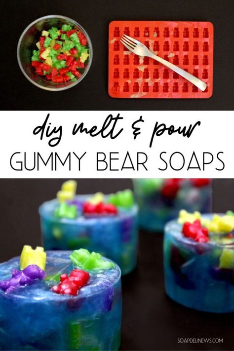 DIY gummy bear soap. Learn how to make gummy bear soap with this easy melt and pour soap tutorial for beginners that uses a gummy bear soap mold. An easy gummy bear soap recipe plus instructions on how to embed your gummy bear soaps into gummy bars along with instructions on creating a custom melt and pour soap recipe using any size or shape mold of your choice. A pool party gummy bear soap making idea that's fun for the whole family to craft together. Pool Party Diy, Making Gummy Bears, Diy Soap Bars, Soap Embeds, Glycerin Soap Base, Soap Tutorial, Melt And Pour Soap, Soap Craft, Bath Bomb Recipes