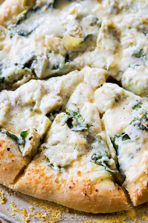 White Cheese Pizza Recipe, Chicken Pesto Pizza, Cheese Pizza Recipe, Artichoke Pizza, White Pizza Recipes, Homemade Pizza Crust, Roasted Garlic Chicken, Sally's Baking, White Pizza