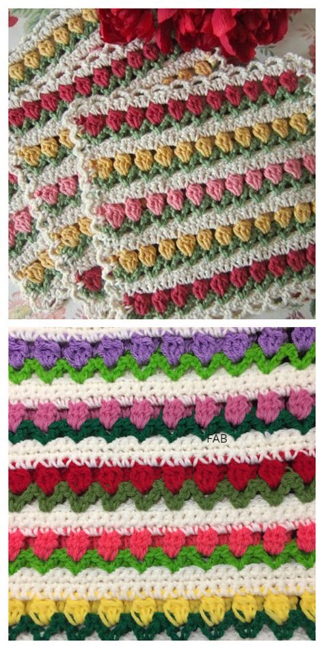 Crochet Tulip Stitch Free Crochet Patterns + Video Tulip Stitch Crochet, Tulip Crochet Pattern, Crochet Tulip Stitch, Tulip Stitch, Crochet Tulip, Crochet Waffle Stitch, 100 Crochet Stitches, Crochet Border Patterns, Crochet Flower Blanket