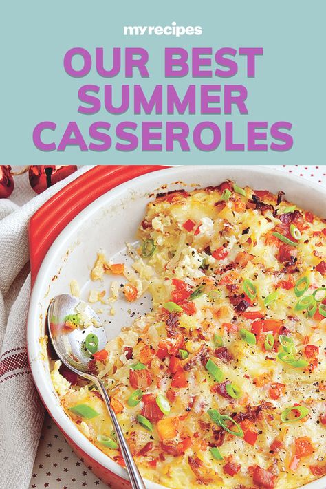 This summer, put together a quick and easy meal for your family and friends by using just one dish. These casseroles bring a great seasonal flavor and a flair of summer adventure!#summerrecipes #summerdishes #recipes #summerfood #summerrecipeideas Healthy Light Summer Meals, Cookout Casseroles, Summer Vegetable Casserole Recipes, Summer Entrees For A Crowd, End Of Summer Meal Ideas, Grilled Casserole Recipes, Summer Potluck Main Dish, Southern Living Recipes Summer, Summer Food Dinner Main Dishes