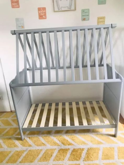 Savvy mum transforms son's old cot into epic play tent in two hours - and it didn't cost her a penny | The Sun Cot Decor, Turn Crib Into Toddler Bed, Cot Bed Ideas, Bedroom With Crib And Bed, Cot Bed, Crib Mattress Reading Nook, Repurposed Crib, Crib Repurpose, Crib Tent