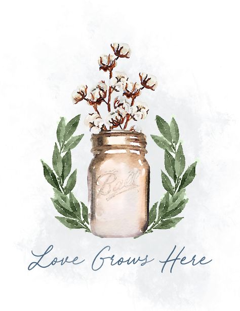 Free fall printable for your home.  This custom design is perfect for decorating for autumn, winter or anytime of the year.  Cute watercolors gold mason jar with cotton, leaves, wreaths and so much more.  Horizontal design.  You can print them in various sizes from 8x10, 5x7 and so on. Beautiful as a  canvas, wall hanging or framed. Love Grows Here at Life on Summerhill Farmhouse Printables Free, Mason Jar Printables, Boho Illustration, Farmhouse Printables, Gold Mason Jars, Free Fall Printables, Love Grows Here, Arte Folk, Lambs Ear Wreath