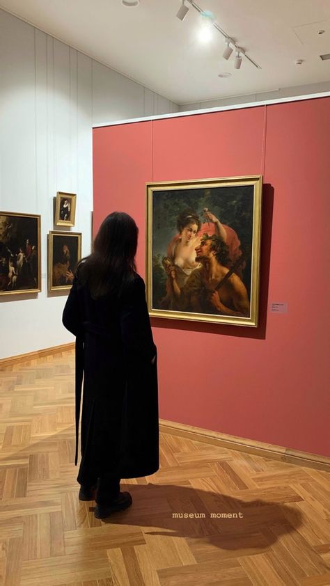 Girl in a black coat standing in front of oil painting faun and nymph in art museum instagram story caption Museum Pic Caption, Art Museum Instagram Captions, Museum Date Caption, Captions For Art Museum, Museum Ig Caption, Story Instagram Caption, Art Museum Captions Instagram, Museum Aesthetic Captions, Art Gallery Instagram Story