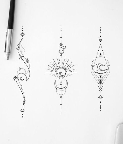 Horoscope Tattoos, Unalome Tattoo, Moon Tattoo Designs, Geometric Tattoo Design, Spine Tattoos For Women, Sternum Tattoo, Line Art Tattoos, Spine Tattoos, Subtle Tattoos