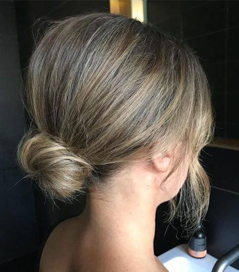 Picture of simple airy textured bun formal easy updo Simple Chic Updo, Simple Upstyles For Medium Hair, Simple Updos For Medium Hair Formal, Textured Bun, Formal Updo, Short Punk Hair, Easy Updos For Medium Hair, Garden Dinner, Bun Formal