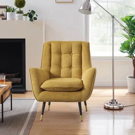 George Oliver Drayk 29.5'' W Lounge Chair | Wayfair Dreamy Office, Reading Chairs, Tufted Armchair, Office Vibes, Yellow Chair, Tufted Arm Chair, Relaxing Chair, Upholstered Accent Chairs, Upholstered Sectional