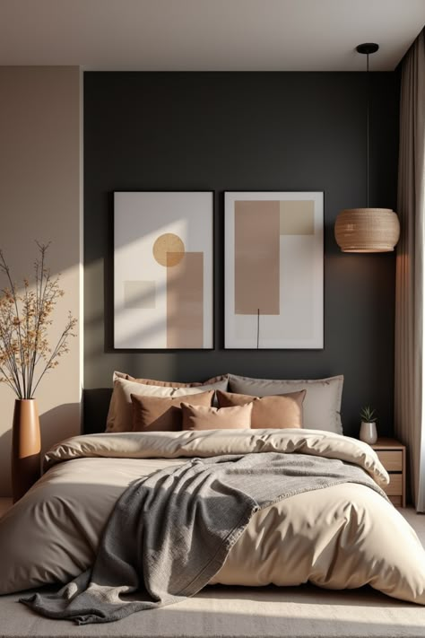 Warm minimalist bedroom featuring earthy tones, cozy neutral bedding, geometric wall art, and natural textures. Perfect for a modern, calming space. #MinimalistBedroom #ModernHomeDecor #NeutralAesthetic #CozySpaces #InteriorDesignIdeas Gray Monochromatic Bedroom, Minimalist Couples Bedroom, Earth Tone Modern Bedroom, Modern Simplistic Bedroom, Modern Earth Tone Bedroom, Modern Primary Bedroom Ideas, Modern California Bedroom, Cozy Chic Bedroom Ideas, Interior Design Bedroom Men