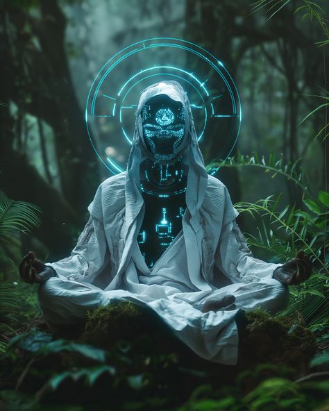 wide angle shot, a sentient being wearing a mask, with a halo over his head and intricate detailed symbols on his face, wearing white robe with lit up neon blue highlights, massive scale, sitting in a calming yoga pose, in a forest surrounded by lush greenery, mystical glow, hyper realistic, surrealistic dark art style, dynamic lighting --v 6 Neon Blue Highlights, Calming Yoga, Shaman Woman, Dynamic Lighting, Dark Warrior, Wearing A Mask, Alien Concept, Picture Boxes, Blue Highlights