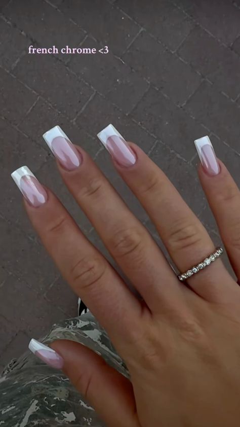 French Tip Nails With Pearl Chrome, French Nails Chrome Square, Coffin French Tip With Chrome, Vanilla Chrome Heart Tips, Chrome White Nails French Tip, Simple Classy Nails Square, French Tip Chrome Acrylic Nails, Nail Inspo Square Chrome, Mixed French Tip And Solid Nails