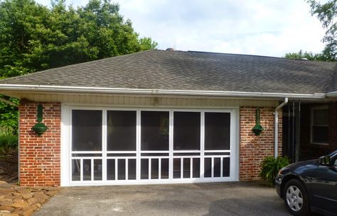 Screened Garage Door Enclosure  http://www.jo-ann-growingingrace.com/2014/12/screened-garage-door-enclosure.html Garage Upgrades, Carport Makeover, Pool Ladders, Garage Screen, Front Door With Screen, Fish Shack, Family Daycare, Contemporary Garage Doors, Garage Hacks