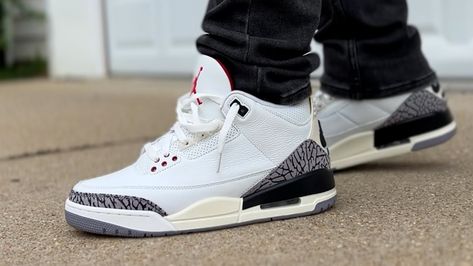 Jordan used the same design and specs as the original 1988 Jordan 3 silhouette to help craft the second model of the Reimagined series. The Air Jordan 3 Retro White Cement is constructed with a white leather upper, and off-white colored midsoles and heel tabs, helping to give the sneaker a vintage design. Jordan 3 White Cement Outfit, White Cement Reimagined, Jordan 3 White Cement, White Cement, Jordan 3 Retro, Air Jordan 3 Retro, Air Jordan 3, Jordan 3, Off White Color