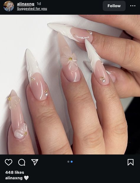 Long Almond Nail Ideas, White Korean Nails, Long Almond Nails Designs, Long Almond Acrylic Nails, Almond Long Nails, White Floral Nails, Bridal Nail Designs, Almond Nail Designs, Long Almond Nails