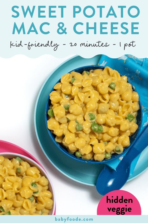 This kid-friendly Sweet Potato Mac and Cheese is made in 20 minutes, in one pot, is packed with flavor and has an added veggie! Blw Mac And Cheese, Veggie Sauce For Toddlers, Sweet Potato Kids Recipes, Hidden Sweet Potato Recipes, Baby Mac And Cheese, Sweet Potato Recipes Toddler, Baby Mac And Cheese Recipe, Blw Sweet Potato Recipes, Real Little Meals