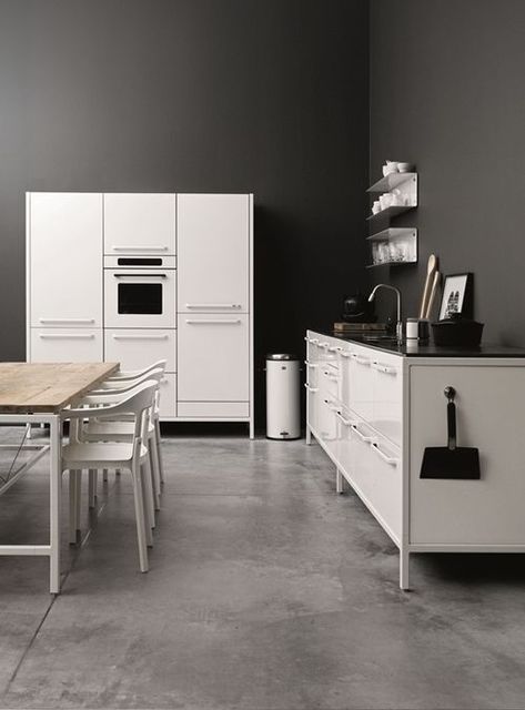 kitchen Dark Bamboo Flooring, Grey Kitchen Interior, Concrete Floor, Bamboo Flooring, Polished Concrete, Black Kitchens, Black Walls, Grey Walls, White Cabinets