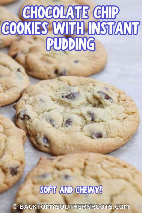 Chocolate chip cookies with pudding are an easy recipe to make with pantry items. The pudding powder makes the cookies soft and chewy and adds a subtle chocolate flavor. Chocolate Chip Cookies With Pudding, Cookies With Pudding, Chocolate Chip Cookie Recipe With Pudding, Cookies Soft And Chewy, Pudding Cookies Recipes, Chocolate Chip Pudding, Soft Cookie Recipe, Salted Chocolate Chip Cookies, Chocolate Chip Pudding Cookies