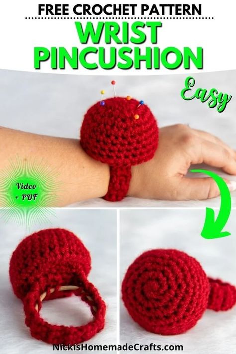 Crochet Pincushion Free Pattern, Crochet Pin Cushion Pattern Free, Quick Crochet Gifts Free Pattern, Crochet Storage Ideas, Last Minute Crochet Gifts, Crochet Souvenirs, Crochet Pin Cushion, Wrist Pincushion, Funny Crochet Gifts