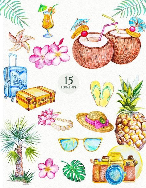 Hawaii Clipart, Pineapple Clipart, Summer Drawings, Beach Clipart, Watercolor Tropical, Summer Illustration, Watercolor Illustrations, Watercolor Drawing, Summer Art