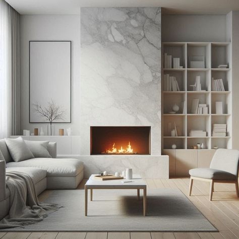 Modern Fireplace Ideas Modern Asymmetrical Fireplace, Modern Classic Fireplace Ideas, Modern Fireplace Facade, Concrete Indoor Fireplace, Fireplace New Construction, Fireplace Ideas Classic, Modern Hearth Fireplace, Large Tile Fireplace Surround, Porcelain Tile Fireplace Surround