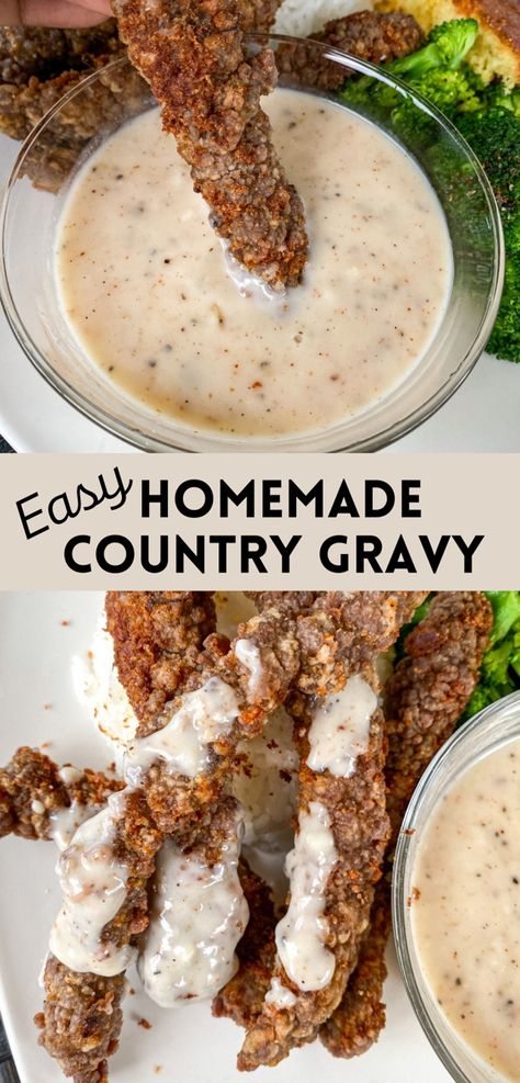 Easy Homemade Country gravy is super simple to make from scratch. A little oil, flour, and ample seasoning- and you have yourself a delicious homestyle gravy! #gravy #mashedpotatoesrecipe #countrygravy #friedchickenrecipes #thanksgivingrecipe Southern Rice And Gravy, Cornstarch Gravy Recipes, Homemade Gravy With Flour, Country Gravy Recipe Easy, Buttermilk Gravy Recipe, Country Fried Steak And Gravy, Homemade Country Gravy, Buttermilk Gravy, Flour Gravy