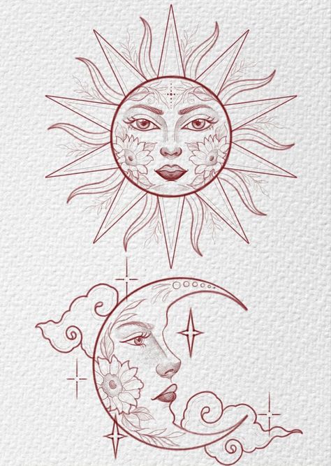 Sun And Moon Tattoo On Hand, Sun And Moon Drawing Design, Large Sun And Moon Tattoo, Feminine Sun And Moon Tattoo, Sun Thigh Tattoos Women, Black And White Sun Tattoo, Star Moon And Sun Tattoo, Sun Tattoo Leg, Sun And Moon Face Tattoo