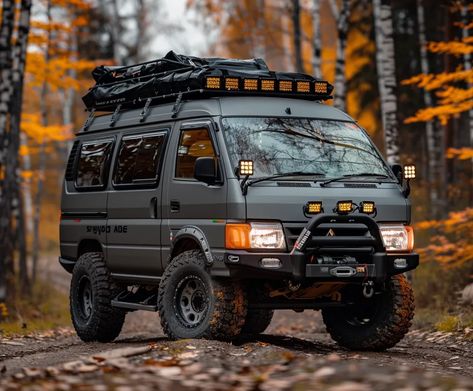 Midjourney AI Image: 20kwitted gray and black Mitsubishi Delica with large off-road tires, roof rack lights, roof top ful... → more in ai-img-gen.com Off Road Minivan, Off Road Cars 4x4, Off Road Van, Japanese Camper Van, Explorer Car, Mitsubishi Delica 4x4, L200 Mitsubishi 4x4, Chrysler Van, Offroad Trucks 4x4