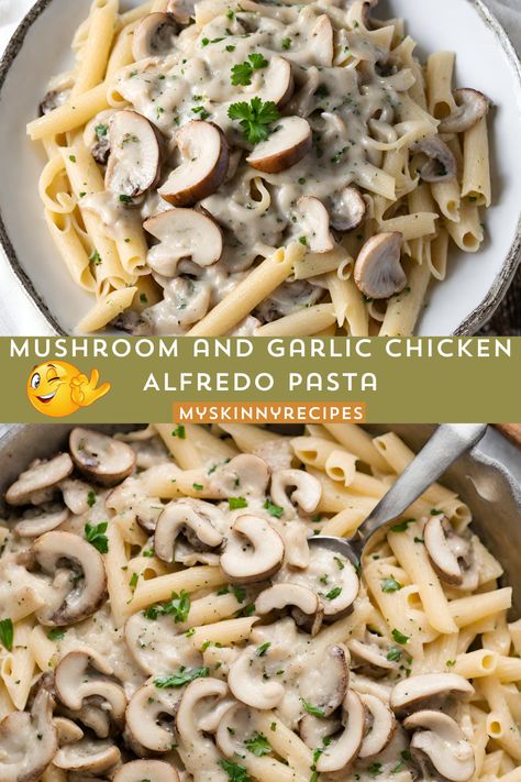 Whisk your taste buds away with our Mushroom and Garlic Chicken Alfredo Pasta! Tender chicken, earthy mushrooms, and aromatic garlic dance in a creamy Alfredo sauce atop a bed of fettuccine. A quick, comforting meal that's simply irresistible! 🍝😋 #pasta #recipe #alfredo #chicken #mushroom #garlic #myskinnyrecipes Stir Fry Broccoli, Mushroom Alfredo, Chicken Mushroom Pasta, Mushroom Garlic, Spicy Peanut Noodles, Broccoli Pasta Bake, Alfredo Chicken, Ramen Stir Fry, Chicken Broccoli Alfredo