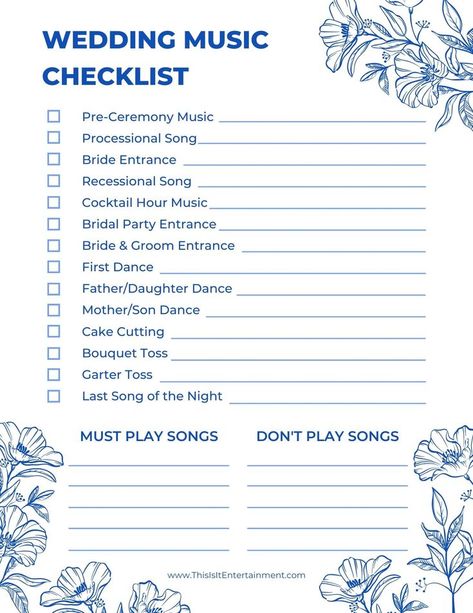 Wedding Song Template, Wedding Songs List For Dj, Dj List For Wedding Receptions, Ceremony Decor Checklist, Wedding Music List Template, Wedding Reception Song List, Songs Needed For Wedding List Of, Wedding Reception Bridal Party Entrance Order, Wedding Playlist Checklist