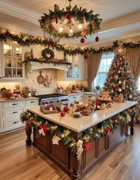 House Decorating Christmas, Kitchen At Christmas, Christmas Townhouse Decor, Traditional Christmas Kitchen, Decorating Kitchen Island For Christmas, Kitchen Decorated For Christmas, Cheap Easy Christmas Decor, Home For The Holidays Aesthetic, Christmas House Interior