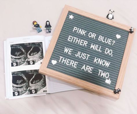 (paid link) When to Announce Your Pregnancy Twins Surprise Reveal, Cute Twin Pregnancy Announcement, Lego Pregnancy Announcement, Twins Announcement Ideas, Twins Baby Announcement, Surprise Twin Gender Reveal, Pregnant With Twins Announcement, Twin Baby Announcements Ideas, Ivf Letterboard Ideas