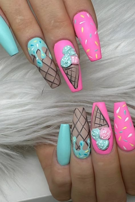 Lollipop Nails, Popsicle Nails, Cherry Blossom Nails Design, Sprinkle Nails, Ice Cream Nails, Blue Ombre Nails, Food Nails, Cherry Blossom Nails, Cream Nails