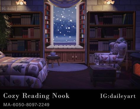 Reading Nook Library, Acnh Wallpaper Designs, Dark Maximalist, Nook Library, Animal Crossing Custom Designs, Motif Acnl, Bibliotheque Design, Path Design, Animal Crossing Pocket Camp