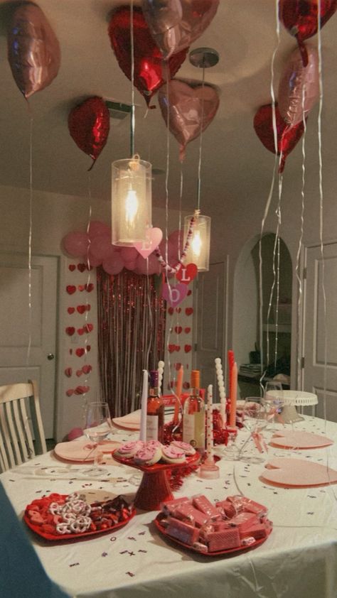 Dinner table set up for galentines night. Ribbon, candles, balloons, dessert, wine, and friends <3 Galentines Night, Table Arrangements, Valentine Decorations, Night In, Girls Night, Dinner Party, Valentines, Table Decorations, Valentine's Day