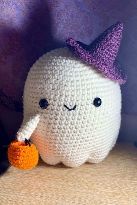 Free Crochet Ghost Pattern - thecaffeinatedsnail.com Large Crochet Ghost Pattern Free, Crochet Ghost Amigurumi Free Pattern, Ghost Amigurumi Free Pattern, Crochet Ghost Pillow, Crochet Ghost Pattern Free, Crochet Witches Hat, Halloween Amigurumi Free Pattern, Crochet Witches, Horror Crochet