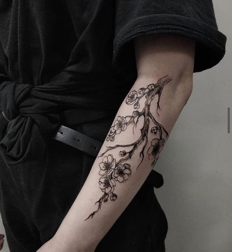 Line Art Tattoo Ideas For Men, Tattoos Under $100, Pretty Tattoos For Men, Floral Men Tattoo, Earthy Tattoos Men, Cherry Blossom Tattoo Upper Arm, Male Floral Tattoo, Guy Back Tattoos, Blossom Tattoo Men