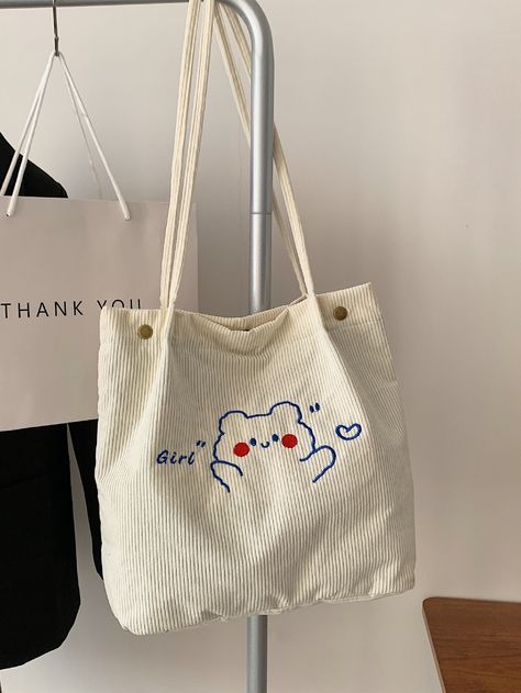 Blanco Preppy Collar  Tela Dibujos animados,Letras  Embellished   Bolsos Mujer Preppy Bags, Letter Bag, Aesthetic Bags, Cartoon Bag, Stylish Letters, Style Preppy, Bags Aesthetic, Cloth Bag, Pretty Bags