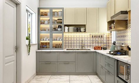 L shaped modular kitchen where you can get creative with the corners in l type kitchen design L Type Kitchen Design, Modular Kitchen Design Indian, L Shape Kitchen Design, Kitchen Design Indian, L Shaped Modular Kitchen, L Shaped Kitchen Designs, Modular Kitchen Interior, Design Cafe, Kitchen Modular