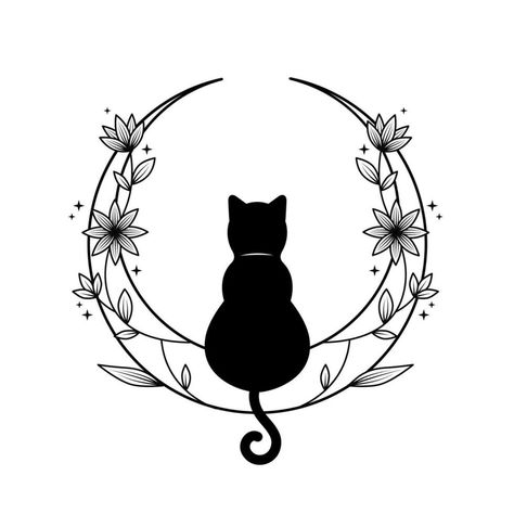 Black Cat Line Art, Halloween Cat Tattoo Ideas, Black Kitten Tattoo, Fluffy Black Cat Tattoo, Witchy Black Cat Tattoo, Black Cat Outline Tattoo, Moon With Cat Tattoo, Cat Ying Yang Tattoo, Cat With Flowers Drawing