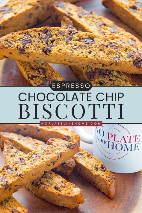 Easy Espresso Chocolate Chip Biscotti are perfect for dunking in your coffee and will satisfy your sweet tooth. They're made with roasted almonds and chocolate chips for tasty Italian cookies that are irresistible. They're perfect for holiday baking so add them to your Christmas cookie list. Click on the link to get this delicious recipe! Chocolate Almond Biscotti Recipe, Espresso Biscotti, Chocolate Chip Biscotti Recipe, Easy Espresso, Chocolate Chip Biscotti, Italian Christmas Cookie Recipes, Almond Biscotti Recipe, Cookie Exchange Recipes, Italian Cookie Recipes