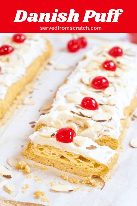 This Danish Puff Pastry is a cherished family recipe that my husband has been perfecting for decades! Made with an easy shortcrust, airy choux, and topped with a sweet thick frosting, almonds, and cherries, this puff pastry recipe is an instant hit wherever we bring it! Danish Puff, Street Corn Salad, New Years Appetizers, Mexican Street Corn Salad, Mexican Street Food, Vegetarian Desserts, Pastry Recipe, Danish Pastry, Butter Balls