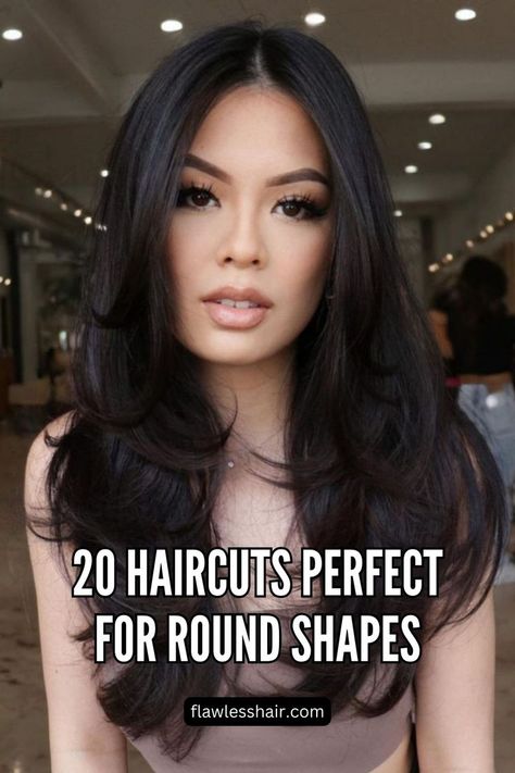 Butterfly Layers Hair Layers For Round Face, Wings Haircut, Different Type Of Haircuts For Women, Oval Face Asian Haircut, Butterfly Haircut Long Hair Round Face, Layers On Round Face, Soft Layers Round Face, Round Faces Haircuts, Haircut For Slim Face