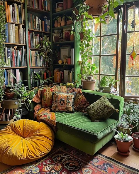 Green Couch Library, Warm Maximalism, Library Corner Living Room, Cozy Conservatory, Green Aesthetic House, Green Library Room, Snug Room Ideas, Cozy Libraries, Cozy Corner Ideas