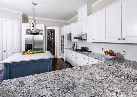 Lennon Granite | The Stone Collection Lennon Granite Countertops, Lennon Granite, Granite Stone Countertops, Countertop Stone, Blue Gray Background, Countertops Quartz, Kitchen 2021, Natural Stone Countertops, Granite Countertop