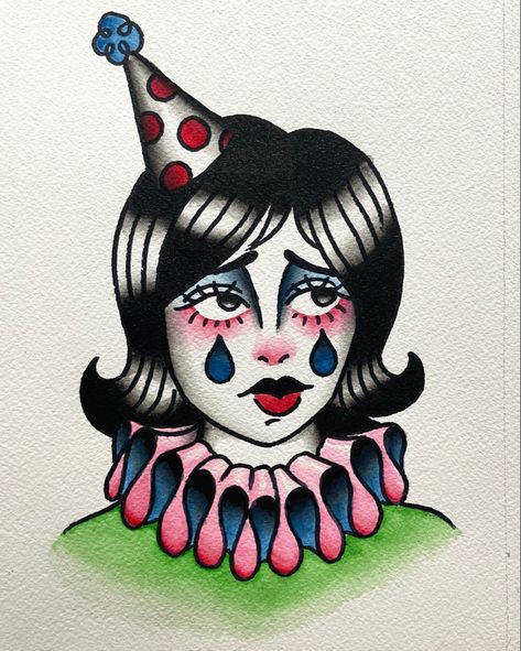 Clown Flash Sheet, Circus Flash Tattoo, Rodeo Clown Tattoo, Clown Flash Tattoo, Girl Clown Drawing, Female Clown Tattoo, American Traditional Clown, Vintage Clown Tattoo, Clown Girl Drawing