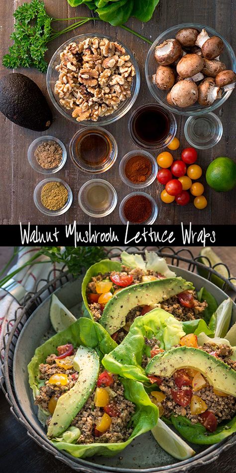 Walnut Mushroom Lettuce Wraps @Rawmazing.com Mushroom Lettuce Wraps, Raw Vegan Dinners, Wraps Vegan, Vegan Lettuce Wraps, Lettuce Tacos, Taco Lettuce Wraps, Raw Vegan Diet, Vegan Wraps, Raw Diet