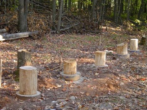 Cabin foundations | Foundation. Can't go down 4ft! - Small Cabin Forum Cabin Foundation Ideas, Cabin Foundation, Two Story Cabin, Dry Cabin, Diy Cabins, Diy Foundation, Timber Frame Plans, How To Build A Log Cabin, Small Cabin Plans