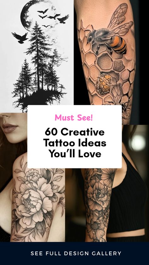 Explore 60 creative tattoo ideas perfect for everyone. This pin features tree tattoo inspiration, classy shoulder floral designs for women, and the coolest sleeve tattoo ideas for men and women. Includes 4 stunning images. Tree Cover Up Tattoos For Women, Tattoo Cover Up Ideas For Women Shoulder, Cottagecore Sleeve Tattoo, Bee Sleeve Tattoo, Tattoo Cover Up Ideas For Women Arm, Classy Shoulder Tattoos, Sleeve Tattoos For Women Unique, Creative Tattoo Ideas For Women, Tattoo Generator