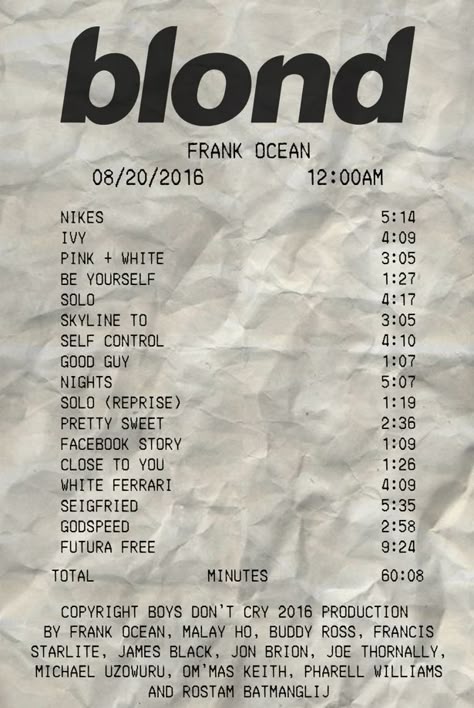 Receipt Poster, Frank Ocean Blond, Frank Ocean Poster, Frank Ocean Wallpaper, Ocean Poster, Music Poster Ideas, Posters To Print, Posters For My Room, College Dorm Decor